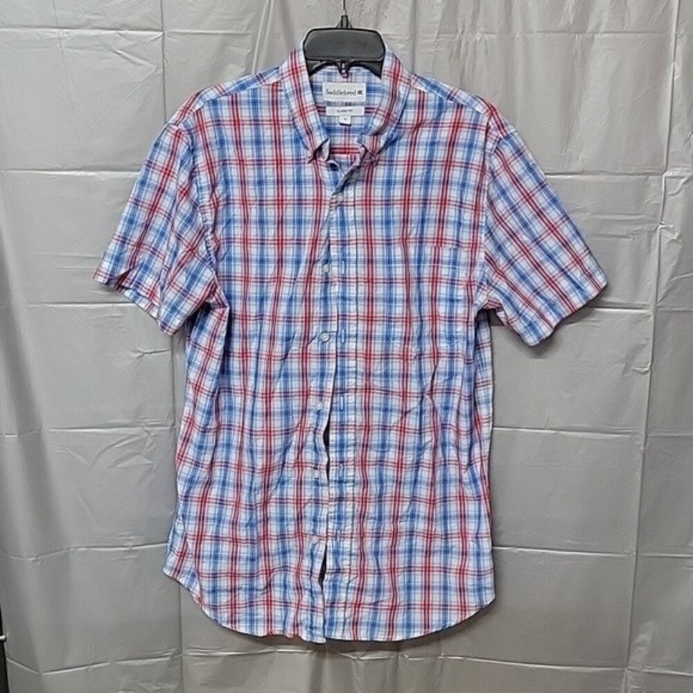 Saddlebred Button Up Short Sleeve Shirt Sz M Plaid Classic Fit Red White Blue